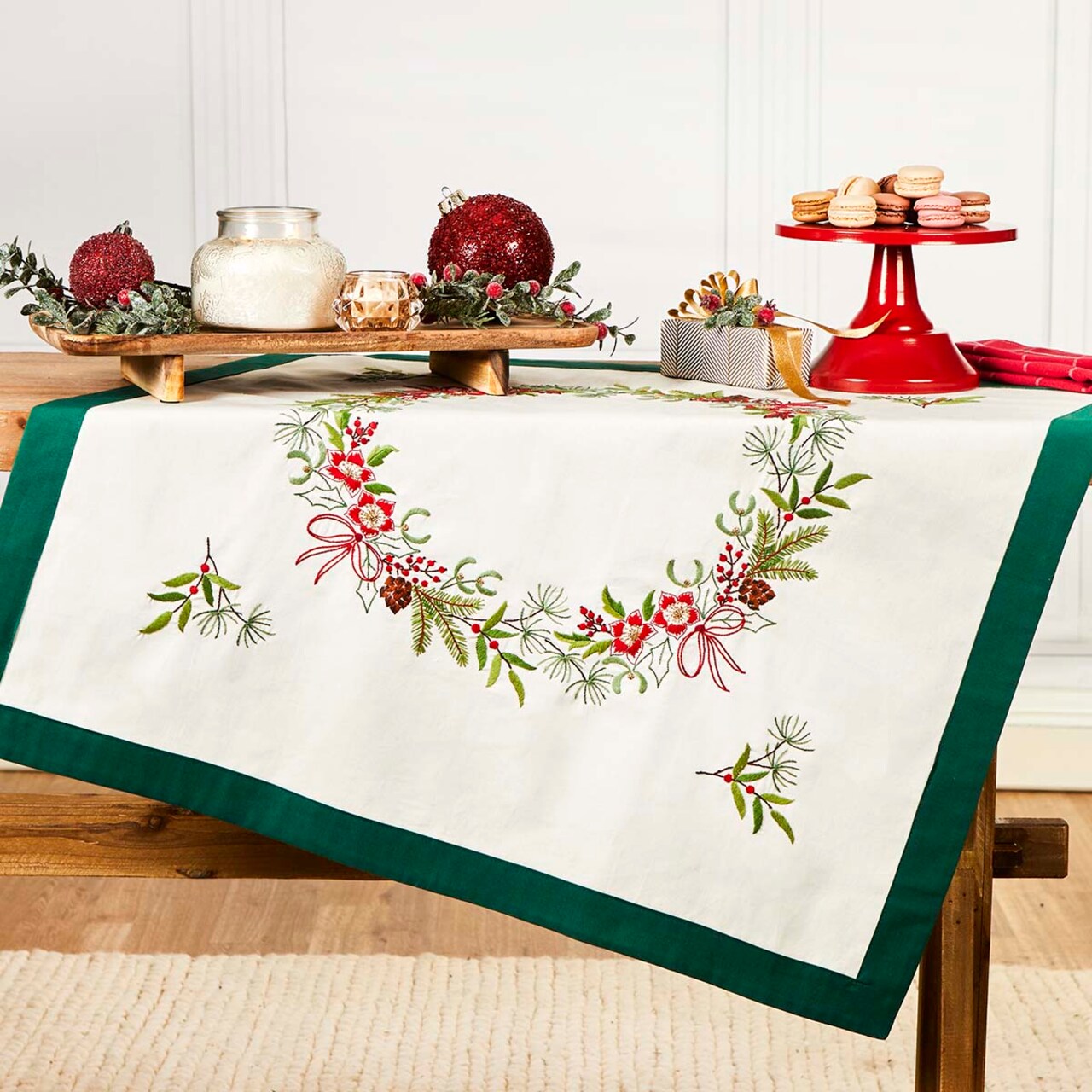 Herrschners Christmas Greenery Table Topper Stamped Embroidery Kit